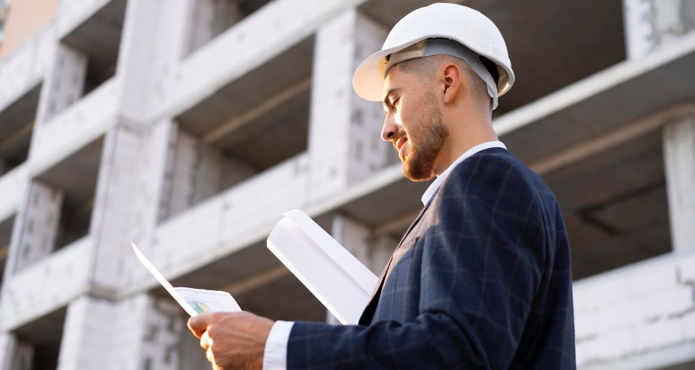 Ingeniero supervisando una construcción que cumple normas